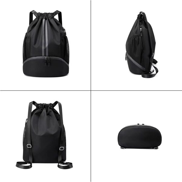 Black Drawstring Gym Bag for Men, Waterproof Drawstring Backpack for Women, Swim Bag with Shoes Compartment, Pull String Sport Bag for Soccer and Basketball. - Image 2