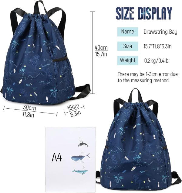 Drawstring Backpack for Kids - Coconut Tree Bags for Girls Mini Gym Dance Beach Swim Tl Bag With Two Water Bottle Holder Dark Blue Clinch Bag - Image 2