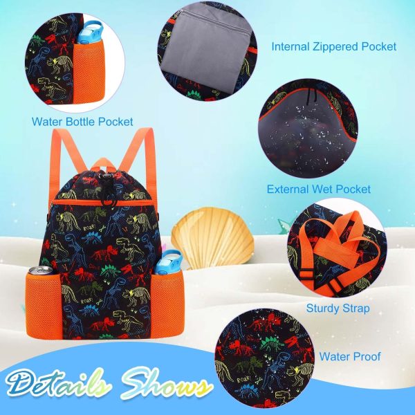 Dinosaur Drawstring Backpack for Kids - Drawstring Bags for Girls Swim Bag for Beach Swimming Pool Lightweight Draw String Bags Waterproof Sports Gym Bag With Two Water Bottle Holder - Image 2