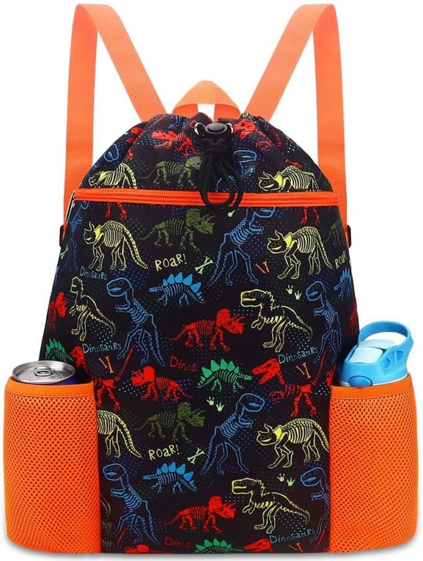 Dinosaur Drawstring Backpack for Kids - Drawstring Bags for Girls Swim Bag for Beach Swimming Pool Lightweight Draw String Bags Waterproof Sports Gym Bag With Two Water Bottle Holder