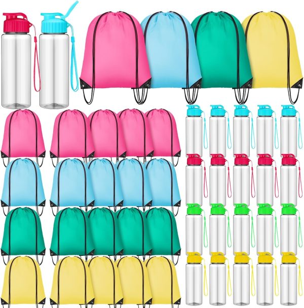 40 Pcs 17 oz Plastic Water Bottles Bulk and Drawstring Backpack Set Reusable Flip Top Leakproof Water Bottles with Handle for Adults Sports Gym Tl Party Outdoor(Stylish)