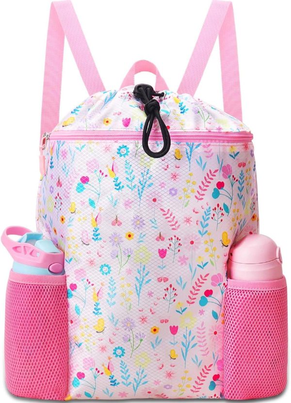 Drawstring Backpack for Kids - Swim Bags for Girls Beach Swimming Pool Lightweight Draw String Bags Waterproof Sports Gym Bag With Two Water Bottle Holder