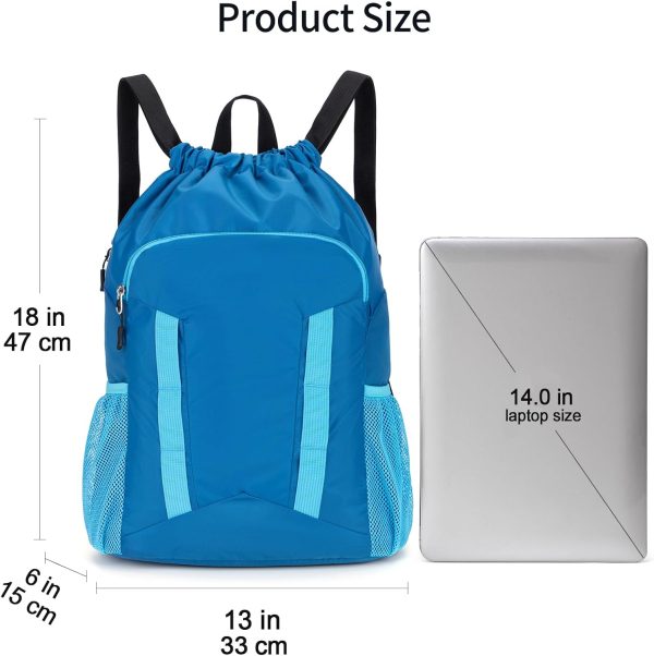 Drawstring Backpack for Kids Sports Gym Bag with Shoes Compartment, Water Resistant Beach Swim Bag String Backpack for Boys and Girls, Blue - Image 2