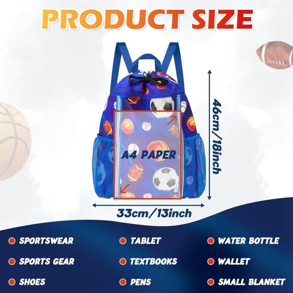 Kids Gym Drawstring Backpack String Bag, Ball Sports Gym Bag for Kids Boys Waterproof Swimming Beach String Cinch Backpack with Two Water Bottle Pocket - Image 2
