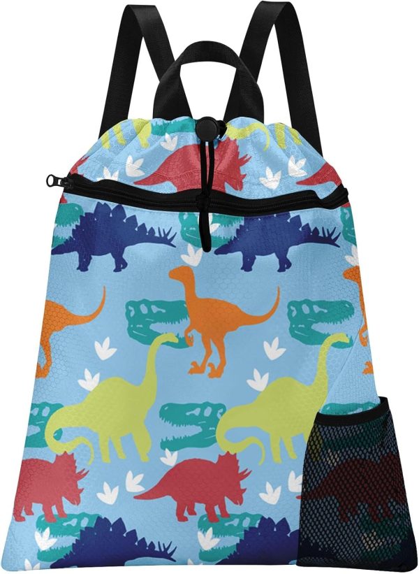 Dinosaur Drawstring Backpack, 15” x 17” Waterproof Swim Bag for Beach Swimming Pool, Lightweight Foldable Gym Bag with Water Bottle Holder for Sports Tl