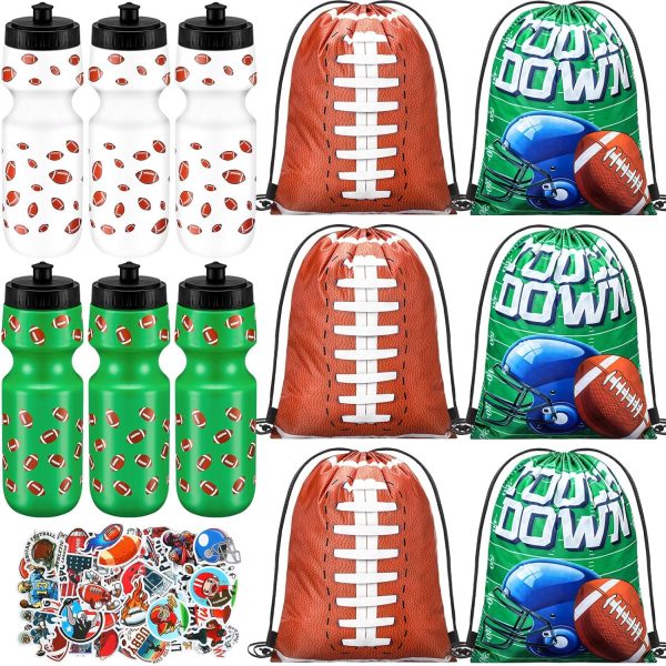 12 Pcs 24 Oz Football Water Bottle Bulk Drawstring Bag and 50 Sticker Set Include 6 Football Theme Squeeze Water Bottle 6 Drawstring Backpack for Team Gifts Sport Events Party Favors