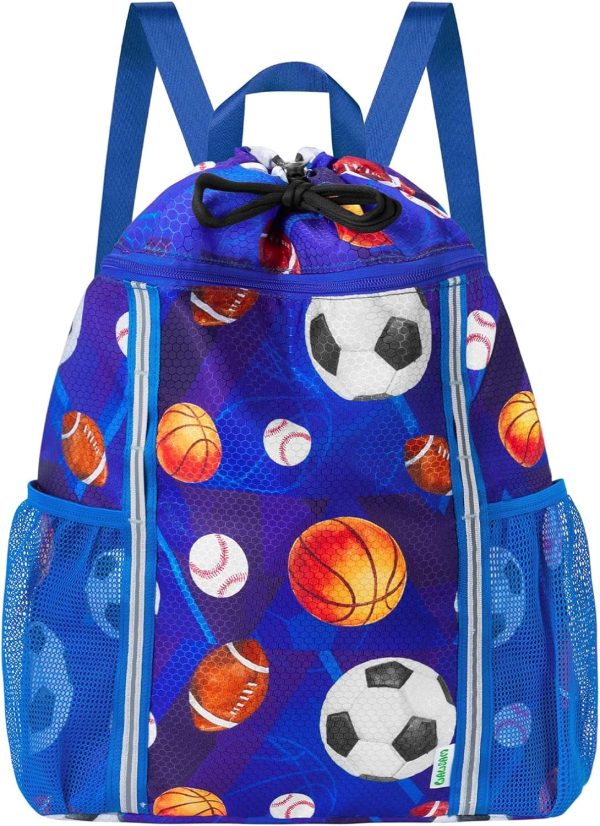 Kids Gym Drawstring Backpack String Bag, Ball Sports Gym Bag for Kids Boys Waterproof Swimming Beach String Cinch Backpack with Two Water Bottle Pocket