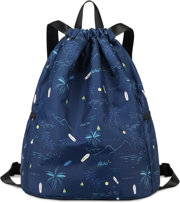 Drawstring Backpack for Kids - Coconut Tree Bags for Girls Mini Gym Dance Beach Swim Tl Bag With Two Water Bottle Holder Dark Blue Clinch Bag