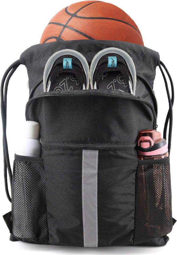 Drawstring Backpack Bag with Shoe Compartment, X-Large Black Gym Sports String Cinch Backpack