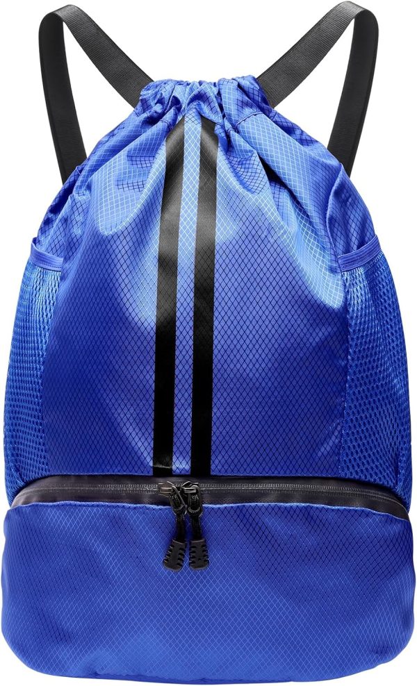 Sports Drawstring Backpack, Gym Bag with Water Bottle Holder Pockets, Shoe Compartment, Waterproof Pocket, Drawstring Bag for Women Men